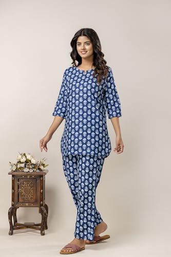 Image of Pure Cotton Printed Night Suit Top and Pyjama Set for Women's Night Dress of Shirt & Pyjama Set for Womens