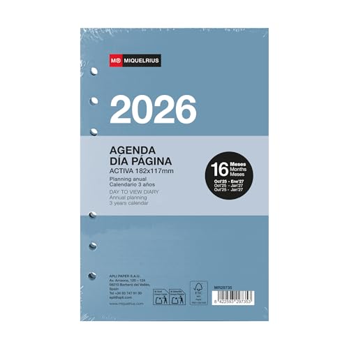 Miquelrius - Recambio agenda anillas 2026, 16 meses, Día Página, Recambio diario para agenda de anillas, Similar A6+ (117 x 182 mm), Repuesto para agenda 6 anillas, Español-EN-PT