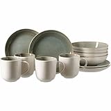 Ritzenhoff & Breker Giada Frühstücks-Set 12-teilig | Becher, Dessertteller und Müslischalen für 4 Personen | Geschirrset mit Reaktivglasur | Steinzeug | Spülmaschinen- & Mikrowellenfest | Grün-Beige