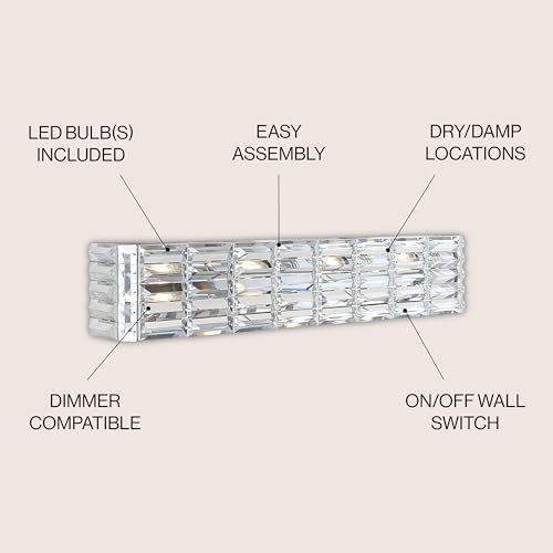 Image of JONATHAN Y 31.75 inch Chrome Modern Crystal Vanity Light, LED Bathroom Wall Sconce, 4-Light Fixture for Mirror, Glam Lighting with Clear Crystal Shade, Art Deco Makeup Wall Lamp (JYL7541A)