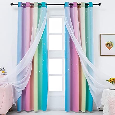 Anjee Star Curtains for Kids 2 in 1 Double Layer Blackout Curtains Grommets Top Star Cutout Ombre Rainbow Curtains Sheer for Living Room Girls Bedroom 2 Panels in 52 x 84 inch, Pink and Yellow Cover