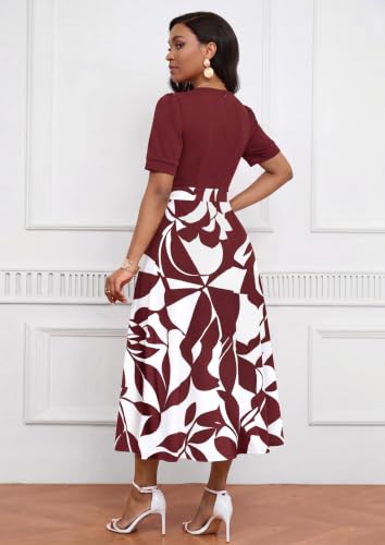 Image of MarryUP Women's Midi Dresses - V Neck Cocktail & Church Tea Dresses - Short Sleeve A-Line Swing Dress