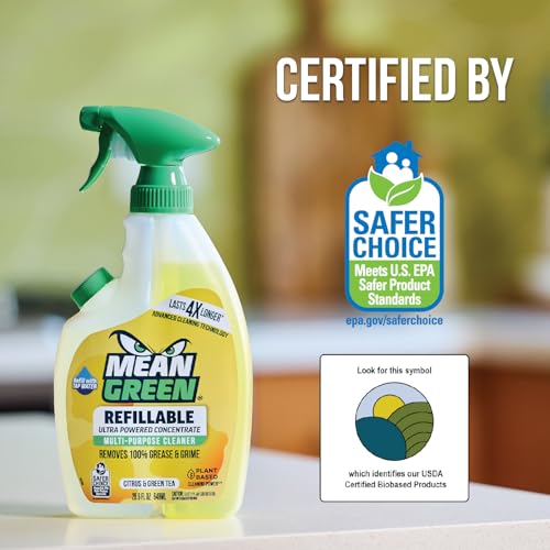 Image of Mean Green Refillable Ultra Powered Multi-Purpose Cleaner Concentrate, Citrus & Green Tea, 14.3 fl oz (2-Pack) - Plant & Mineral Based, Cuts Through Grease & Grime, Refillable Bottle Makes 4X Refills