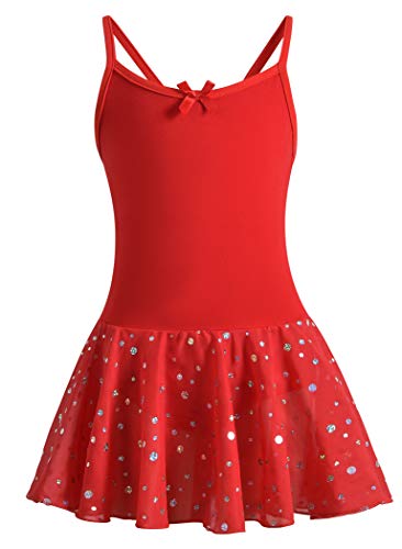 DANSHOW Ballet Leotards for Girls Dance Camisole Dress with Shiny Tutu Skirt(6-8years,red)