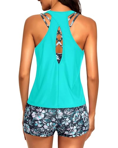 Tempt Me Aqua Blue Floral 3 Piece Tankini Swimsuits for Women Athletic Bathing Suits Swim Tank Top with Boy Shorts and Bra Modest Swimwear M - Image 4