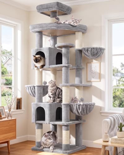 Image of Globlazer Extra Large Cat Tree Tower, 82in Tall Heavy Duty Cat Tree for Indoor Cats Large Adult Big Cat Tower with 8 Scratching Posts, 2 Cat Condos, 2 Top Perches, 3 Hanging Baskets, S82, Light Grey