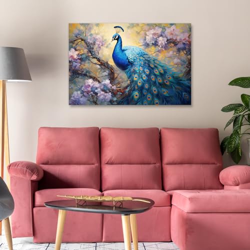Lyunshuo Peacock Canvas Wall Art Abstract Flowers Picture Print Bird On Branch Painting Retro Artwork For For Home Living Room Bedroom Bathroom Decor Framed thumb #3