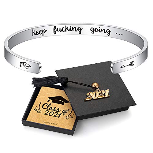 Graduation Gifts Cuff Bracelets - 316L Stainless Steel Personalized Engraved Mantra Quote Keep Going Bracelets Cuff Bracelet Graduation Cap Motivational Graduation Gifts for Women