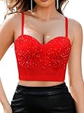 Kaei&Shi Sparkly Bra Top,Crystal Beaded Corset With Straps,Women Sexy Bustier Tops Concert Night Club Red Small