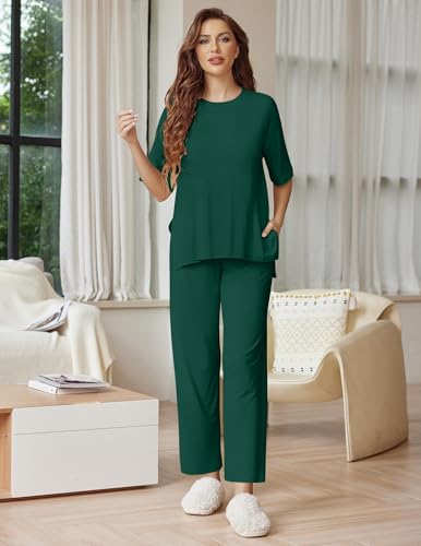 Image of Ekouaer Lounge Sets for Women Short Sleeve Tops and Long Pants Soft Comfy Pajamas Set 2 Piece Outfits