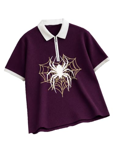 Image of AUSK Men's Spider Graphic Printed Polo T-Shirt | Cotton Blend Textured Regular Fit Half Sleeve Zip Polo Neck Casual T-Shirt for Men