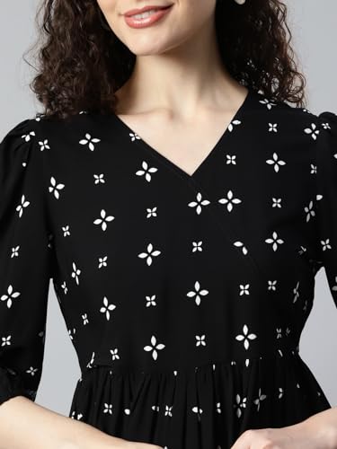 Image of DEEBACO Women's Ethnic Motif Print Rayon Top & Pants Co Ord Set for Women V Neck 3 /4 Puff Sleeve Ladies Party Casual Wear Fashionable for Girls Loose Fit Cord Set (DBCOMR00000981 XL Black)