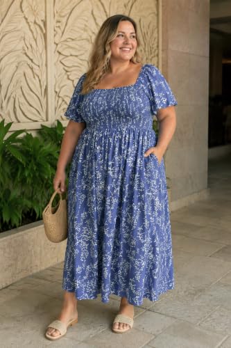 Image of RITERA Plus Size Dresses for Curvy Women Square Neck Short Sleeve Summer Floral Smocked Maxi Dress with Pocket XL-5XL