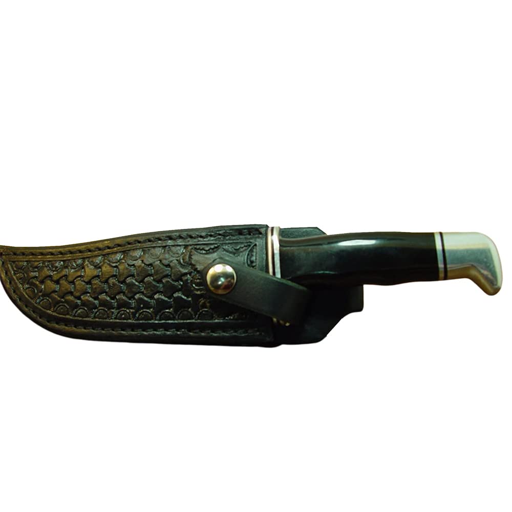 Custom Left-Hand Knife Sheath for The Buck 119 Dyed Black. Made with Authentic Buffalo Hide Leather and has Round Basket-Weave Tooling with Strap. Sheath ONLY!!!!