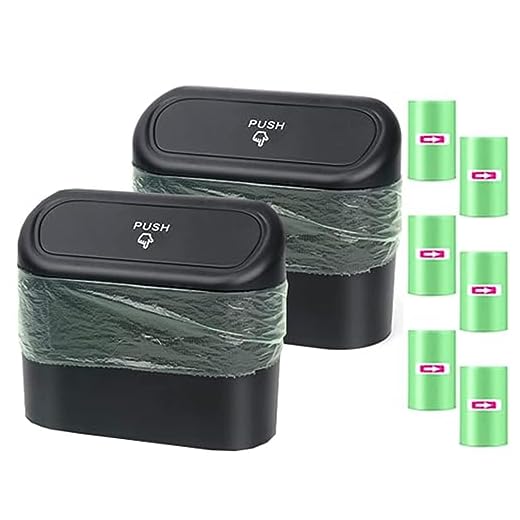 2 x Small Car Trash Can, 120 x Garbage Bags, Car Trash Can with Lid, Waterproof Car Trash, Portable Hanging Car Storage Box for Car Office (Black)