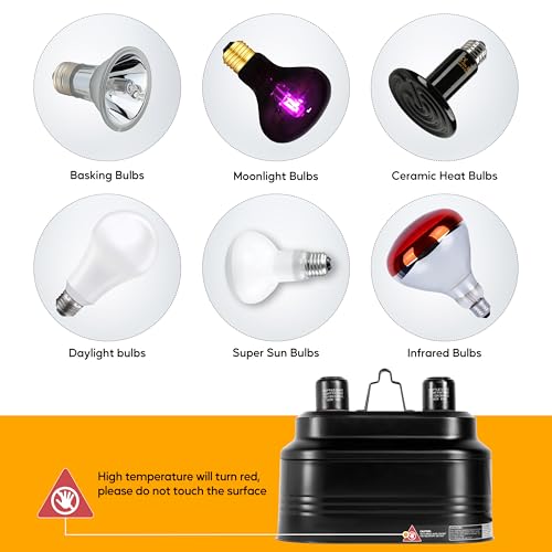 HealSmart Reptile Dual Dome Light Fixture with Separate Switches, Fits Max 160W Reptile Heat Lamp/UVB Light, for Tortoise Habitat & Amphibians Terrarium