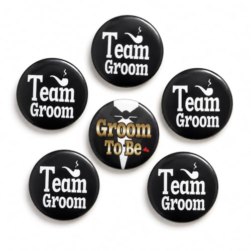 Image of Wanna Party Team Groom Badge Set of 6 | 5 Team Groom Badges + 1 Groom To Be Badge | Bachelor Party Accessories, Wedding Badges, Groom Squad Props for Engagement, Baraat, Sangeet & Photoshoot