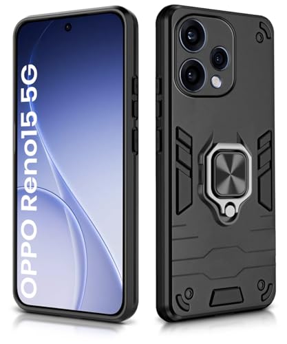 Image of WOW IMAGINE Shock Proof Back Case Mobile Cover for Oppo Reno 15 5G | Back Cover Case (Tough Armor | Hybrid PC + TPU | Ring Holder & in-Built Kickstand | Black)