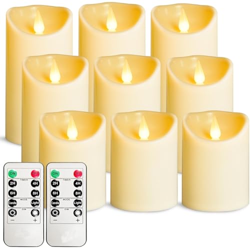 Image of LEOSAN led Flameless Candles Outdoor Indoor Battery Operated Flickering Candles with Remote Timers, Won't Melt, Ivory Plastic D3inxH4in5in6in for Halloween, Party, Valentine's Day, Wedding 9 pcs