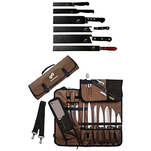 EVERPRIDE Chef Knife Roll PLUS Knife Guard Set (6-Piece Set) Bundle – Knife Bag Holds 10 Knives, Meat Cleaver and Kitchen Tools – Felt-Lined and BPA Free Knife Sheath Set – Knives Not Included Cover