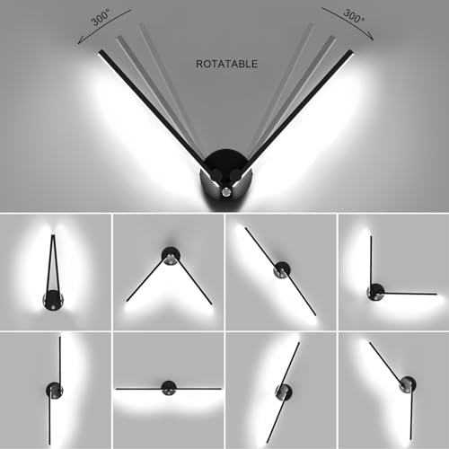 Image of Kawell 12W LED Wall Light Hardwired with Switch 300 Rotatable Arms Modern Sconce Lighting for Living Room Bedroom Hallway Indoor Energy Efficient Fixture, Black 6000K