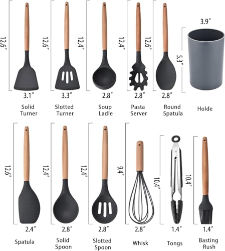 Image of Sakoraware Silicone Kitchen Utensils Spoon Spatula Cooking 12 Pcs Set | Baking Set | Non-Stick with Wooden Handle- BPA Free, Heat Resistant Item Flexible Non Toxic Silicon Cookware Tools with Holder