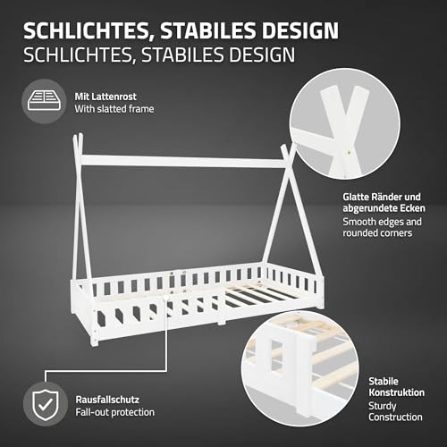 ML-Design Cama Infantil Tipi Blanca 200x90 cm con Colchón Hipoalergénico 16cm, Protección Anticaída y Somier, Cuna Juvenil de Madera Maciza de Pino para Niño en Forma de Casa, Juego Lecho de Suelo - imagen 5