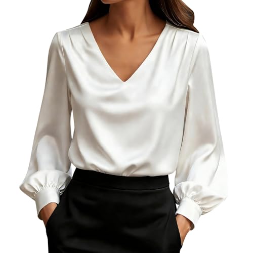 Blusa de mujer Camisa elegante blusa francesa de satén con mangas abullonadas y cuello en V para un estilo refinado atemporal, Blanco, M