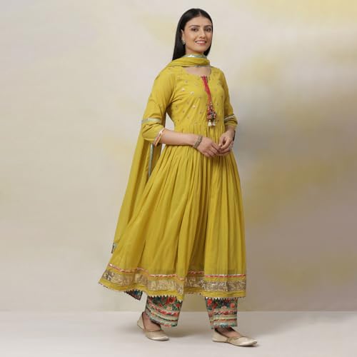 BIBA Women's Lime Green Cotton Anarkali Kurta Palazzo Suit Set_46 - Image 6