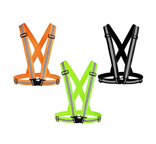 Awnuuw Reflective Vest Running Gear 3Pack , Adjustable Safety Vests High Visible Reflective Belt Straps for Night Running, Outdoor Cycling, Motorcycle, Dog Walking (Green,Black,Orange)