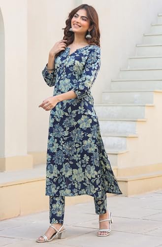 Image of Janasya Women's Pure Cotton Floral Printed Straight Kurta Pant Set