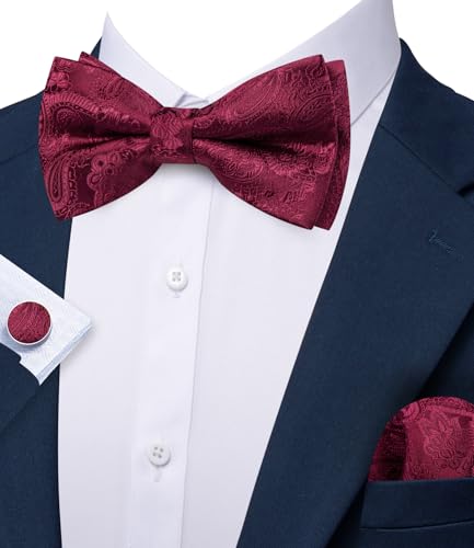 Image of YOHOWA Paisley Striped Men Bow Tie Pre-Tied Formal Adjustable Colorful Bowties Handkerchief Cufflinks Set Wedding Party