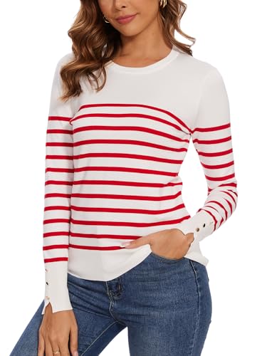 Image of Spicy Sandia Women's Long Sleeve Crewneck Sweaters Dressy Casual | Striped or Solid Available, Classic, Business Casual Tops for Office Work