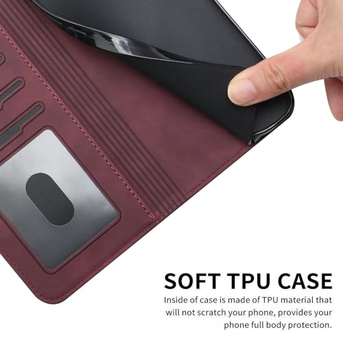 Leren iPhone 16 hoesje met schokbestendige TPU, portefeuille, magneetsluiting, standaard en kaartvakken wijnrood - Afbeelding 6