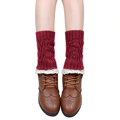 Tqs™ Set Of 3 Knit Boot Topper Cuff Leg Warmer Bootsock Lace Crochet Detail,Red/Khaki/White,Medium #TOP1