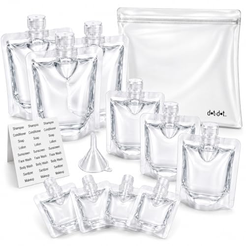 Image of Travel Pouches for Toiletries, 13 Pack TSA Approved Refillable Travel Liquid Pouches, Flat Travel Bottles for Toiletries, Reusable 3oz Portable Containers with Funnel, Labels & Clear Carry On Bag