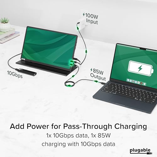 Image of Plugable 15.6 inch USB-C Portable Monitor with 100W Pass-Through Charging | 2X USB-C 10Gbps Hub | FHD 1920x1080 IPS Display for Mac, Windows, iPad, Smartphone | 1.85lbs, Travel Cover /Stand Included