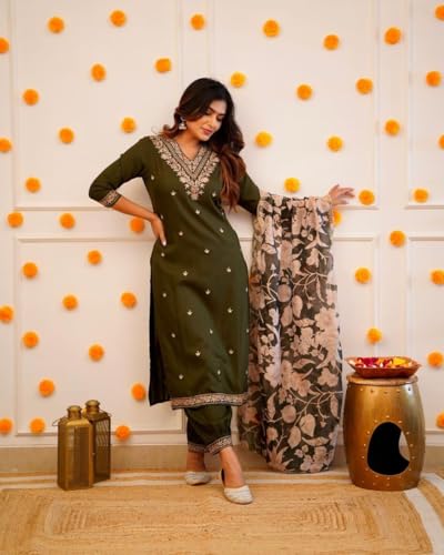 Image of Women Afghani Viscose Rayon Kurta Pant Dupatta Set with Embroidered Neck Work and Floral Print Organza Dupatta | Ethnic Straight Suit Set
