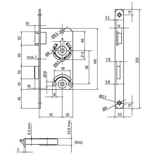 BKS Türschloss WC-Schloss Klasse 1 Dornmaß 55 mm Stulp 20 mm DIN Links Entfernung 78 mm Badschloss Einsteckschloss aus Stahl mit Kunststoff-Falle von SOTECH für Badtüren