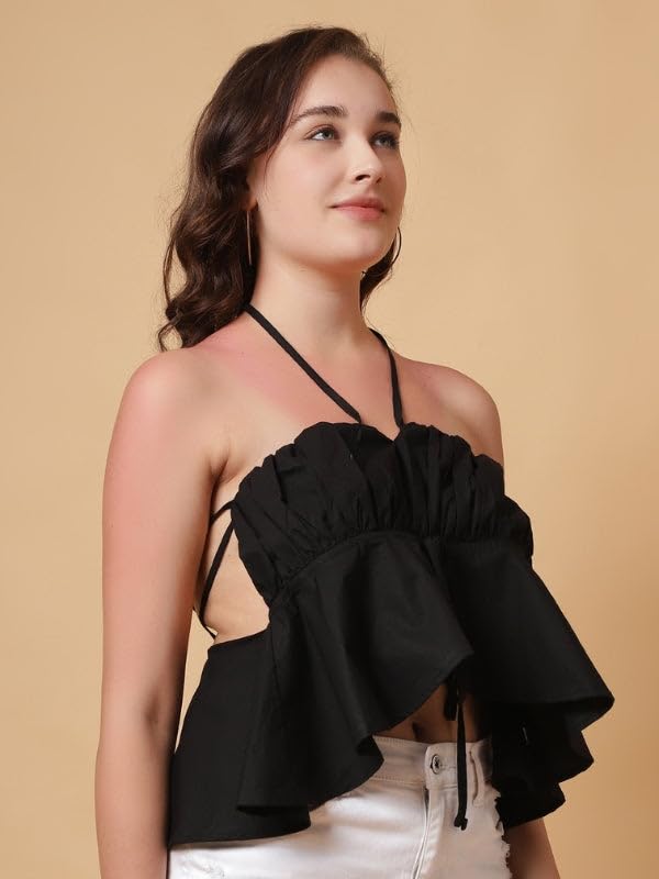 Image of Women's Poplin Ruffled Halter Neck Crop Top | Lightweight Summer Sleeveless Top