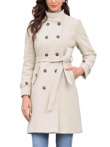 Image of Allegra K Pea Coats for Women Stand Collar Double Breasted Trench Peacoat Long Winter Coat with Belt 2025 X-Small Beige
