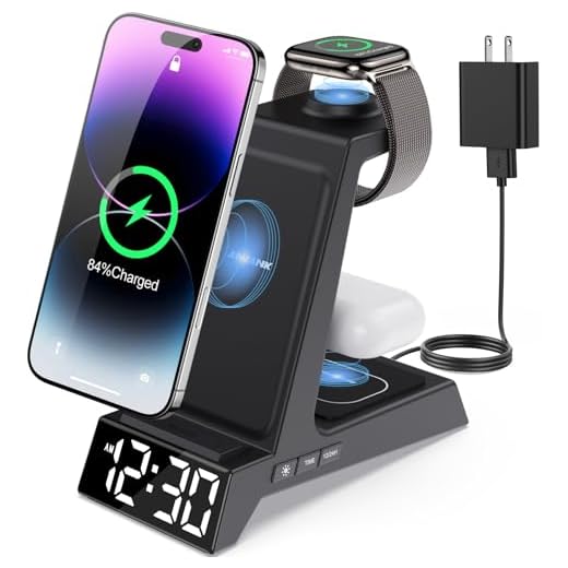 ANJANK 4 in 1 Wireless Charging Station Alarm Clock, Charging Dock for Apple Devices, Charger Stand for iPhone 17 Air 16 15 14 13 12 Series for Apple Watch 11 10 9 8 7 6 5 UItra/SE & AirPods, Dimmable