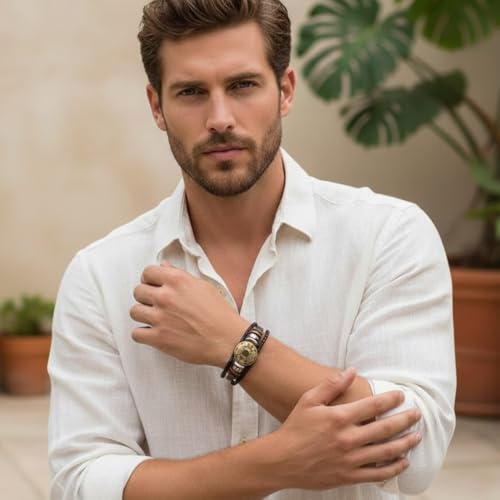Image of Young & Forever Zodiac Sign Multi-Strand Genuine Leather Bracelet for Men & Boys - Adjustable Tribal Wristband with Antique Metal Charm