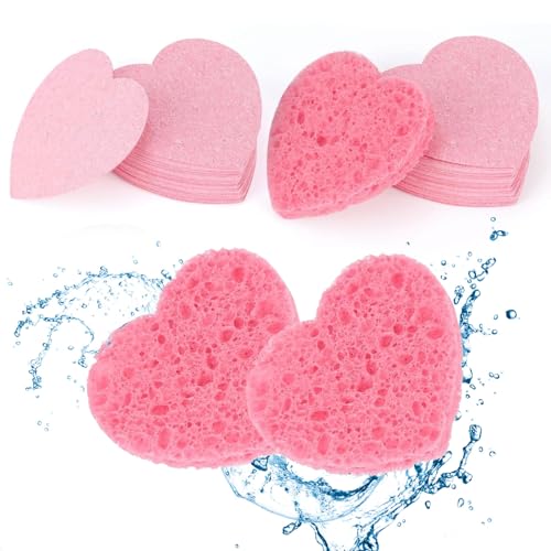 80 Pcs Éponges Visage Comprimées en Forme de Cœur, Eponge Visage Nettoyant en Cellulose Douce pour Nettoyage, Exfoliation et Démaquillage