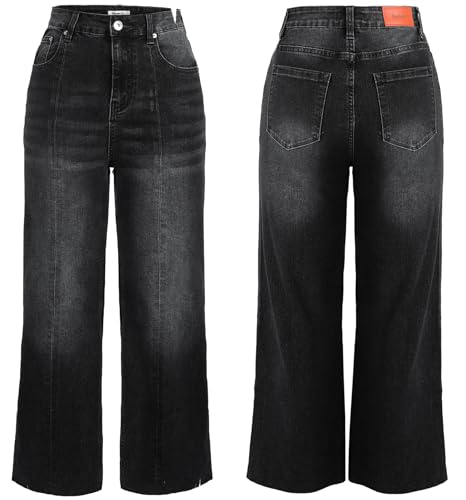 Genleck Women's Wide Leg Jeans Cropped High Waisted Seamed Front Raw Hem Denim Pants Trendy Stretchy Baggy4