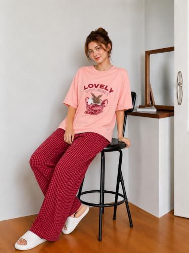 Image of KSHS Womens Korean Night Dress || Full Pyjama Set ||Korean Nightsuit || Women Nightwear ||Round Neck Half Sleeve Nightsuit || Loungewear || Everyday Nightdress Women's Pyjama Sets