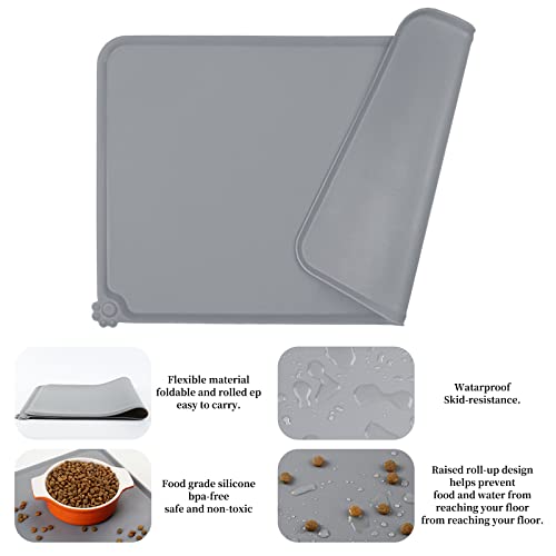 Leefox Dog Cat Food Mat: Waterproof Silicone Placemat for Pet Water Bowl Pet Feeding Rubber Tray (Gray) - Image 2