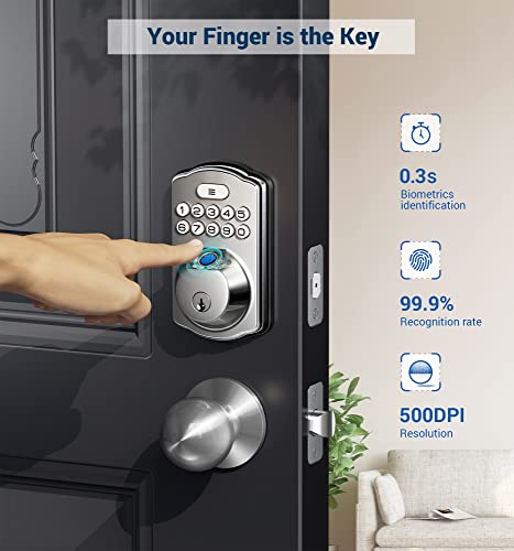 Veise Fingerprint Door Lock With 2 Door Knobs - Keyless Entry Door Lock With Handle, Electronic Keypad Deadbolt Smart Front Door Lock Set, Auto Lock, Waterproof, Easy Installation, Satin Nickel #TOP1
