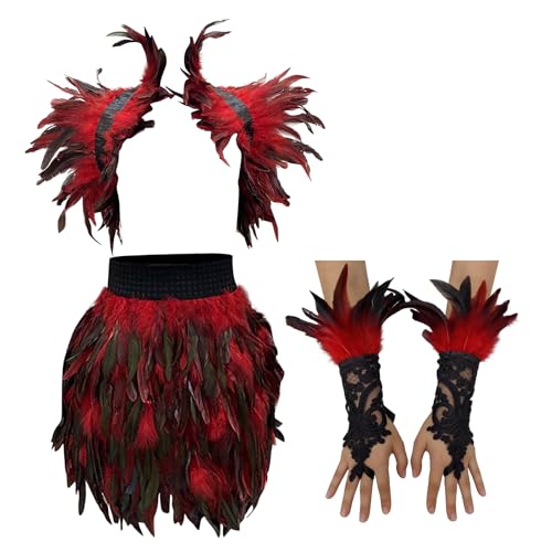 Conjunto de falda de plumas y guantes largos para reuniones temáticas y cosplay