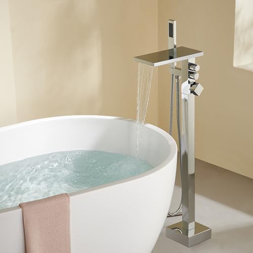 Grifo Bañera y Ducha Cascada Montado en el Suelo Cromado Rotación 360° 2 Salidas Grifos Duchas de Baño con Pomo Cuadrado